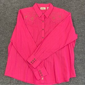 Vintage Wrangler Women's Hot Pink and Gold Embroidered Western Shirt